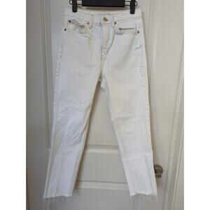 Topshop Straight Crop Jeans White Hi-Rise Frayed Hem Size 28